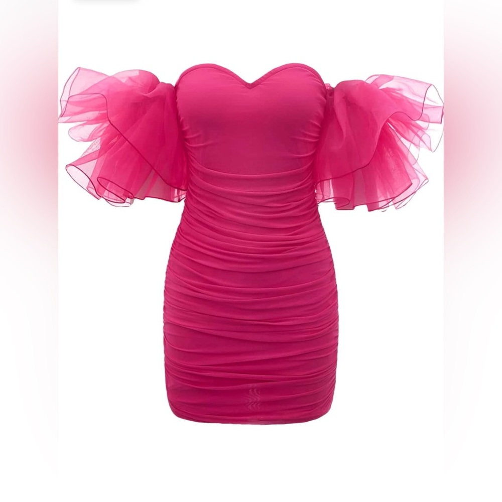 Women's Off Shoulder Pink Prom Dress Puff Sleeve Cocktail Bodycon Dresses
